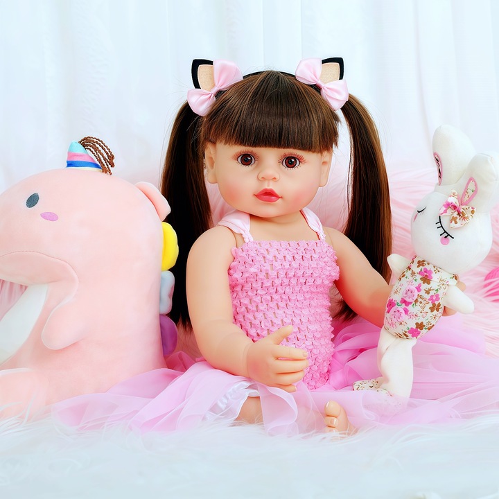 Кукла с дълга коса, JFYU®, преродена кукла бебе, винил, реалистичен външен вид, височина 55 см, идеален подарък, детски комплект кукли, розов