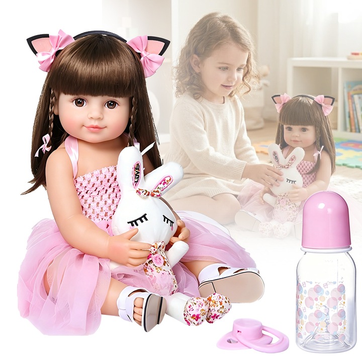 Papusa cu parul lung, JFYU®, papusa bebelus reborn baby, vinil, aspect realist, inaltime 55 cm, cadoul ideal, set papusa copii, roz