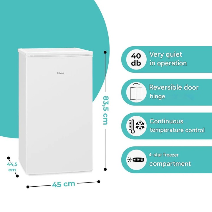 Congelator Bomann, GS7256W, H 83.5 cm, volum 60 litri, ideal pentru spatii mici, birou, rulota, congelare 4 stele, consum redus, inghetare rapida, temperatura ajustabila, 3 compartimente, tava cuburi gheata, usa reversibila, picioare ajustabile, alb