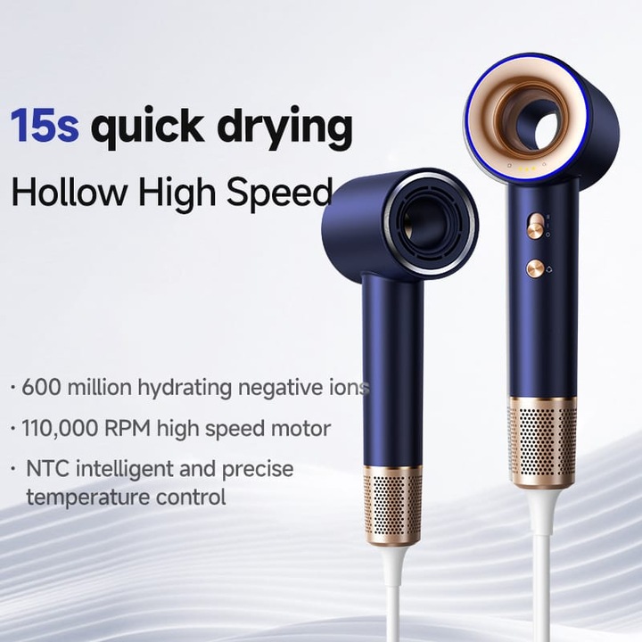 Професионален сешоар, скорост 110 000 об/мин, отрицателни йони, 4 температурни настройки, интелигентен термосензор, прецизен контрол на температурата, 8 режима на сушене, син