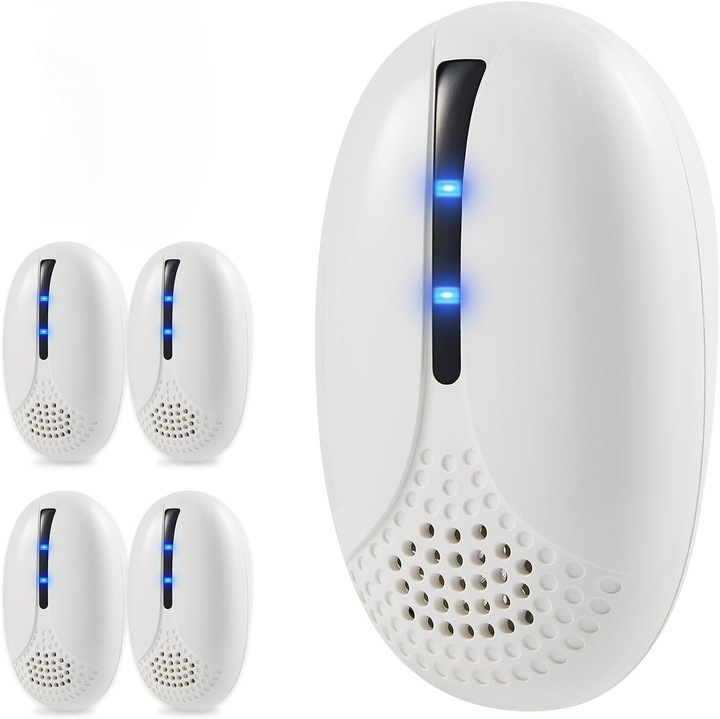 Комплект от 4 ултразвукови репелента за вредители, покритие 160 кв. м, срещу гризачи, мишки, насекоми, прилепи, паяци, бълхи, хлебарки, мухи, комари, безопасен за хора, деца и домашни любимци, бял