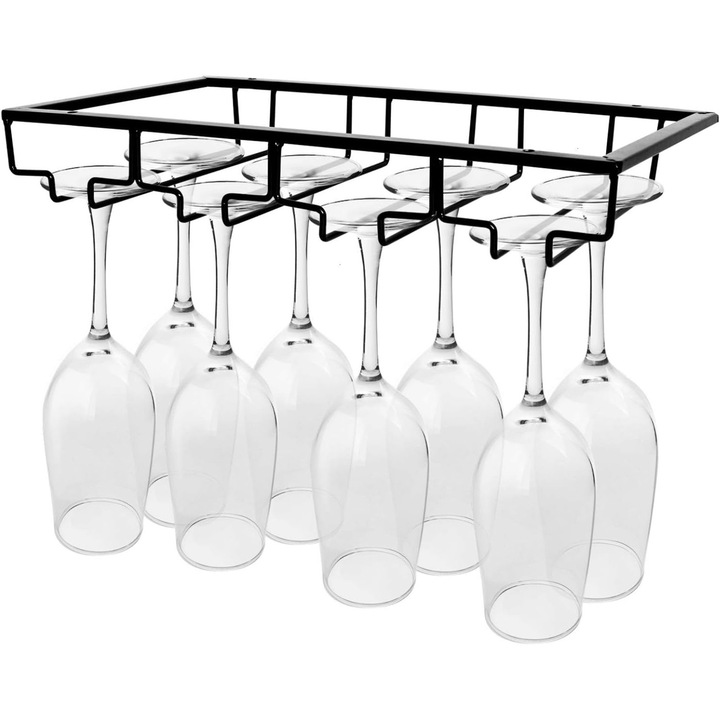 Метален органайзер за чаши за вино под шкаф - 4-редов, железен, черен, 40x23 см, побира 8-12 чаши, за кухня, бар, кафене