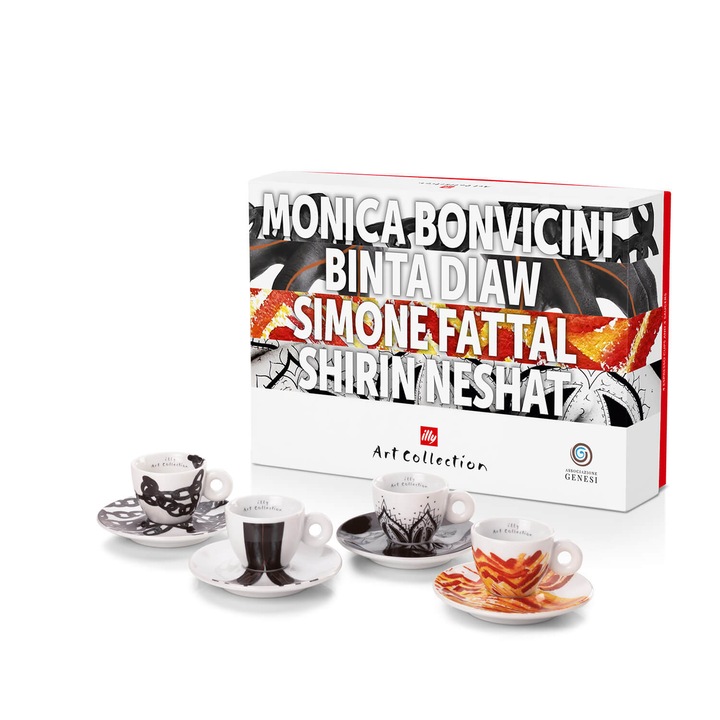Set 4 cesti espresso + 4 farfurii Illy Genesi, colectie artistica, multicolor