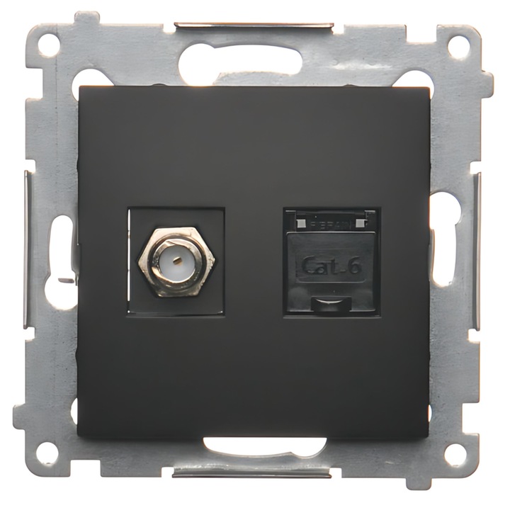 Prize modul Simon 54, gniazdo antenowe tip F + RJ45 cat.6, negru mat