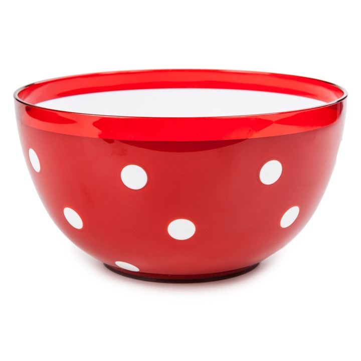 Bol din plastic Yordlife, 2l, rosu semi-transparent, model cu buline