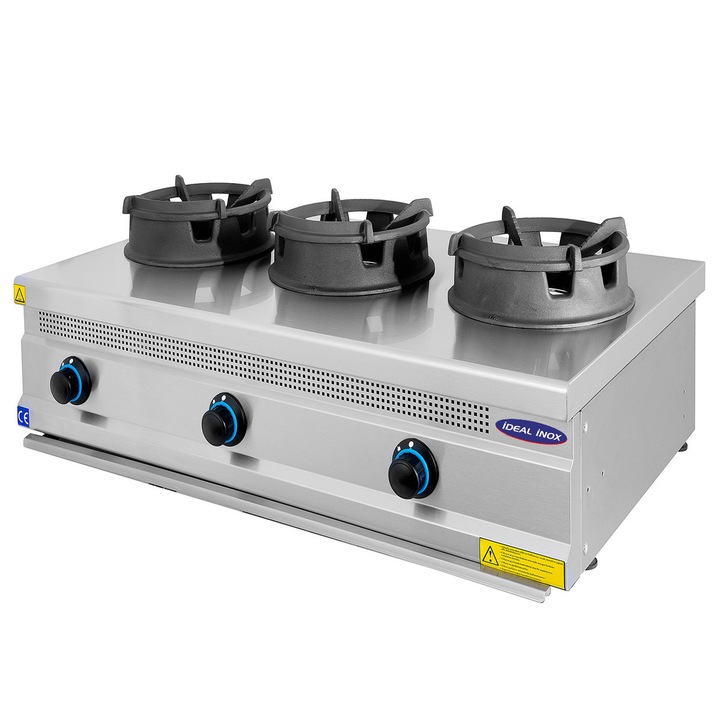 Aragaz cu trei focuri tip wok Ideal Inox suport vesela din fonta