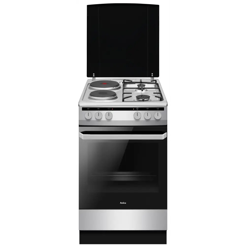Aragaz mixt Amica 508ME2.35EHZPPXV, 2 arzatoare gaz, 2 arzatoare electrice, Cuptor electric, Clasa A, 62 l, Inox/Negru