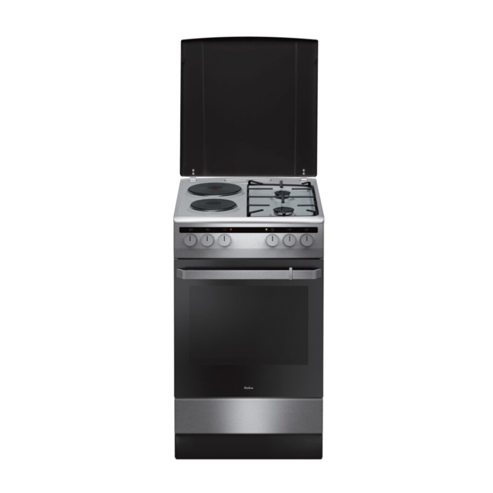 Aragaz mixt Amica 508ME2.35EHZPPXV, 2 arzatoare gaz, 2 arzatoare electrice, Cuptor electric, Clasa A, 62 l, Inox/Negru