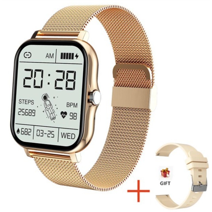 Ceas inteligent sport pentru barbati sau femei, cu 2 curele INCLUSE otel inoxidabil si silicon, tracker fitness, notificare apel/mesaj, tracker fitness, - auriu