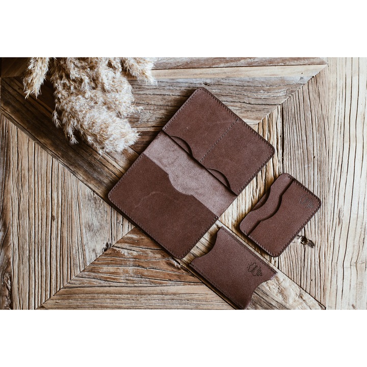 Valódi bőr pénztárca és kártyatartó, Think Leather, 14x10cm, 10x7cm, sötétbarna, szett