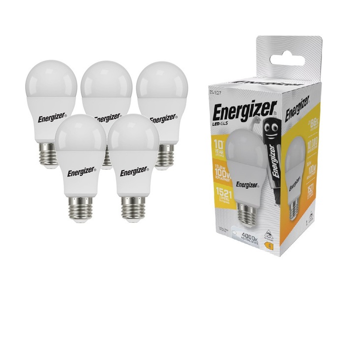 Комплект от 5 LED крушки GLS 13.8W, 1521lm, E27, 4000K, еквивалент на 100w, неутрална светлина, енергиен клас E, Energizer