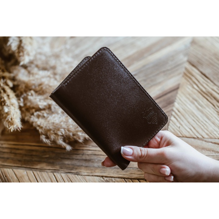 Férfi pénztárca, Think Leather, kézzel készített, természetes bőr, 14x10cm, sötétbarna