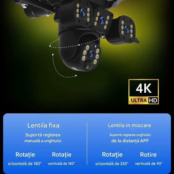 Camera Supraveghere WiFi 4K LiTech cu 3 Lentile + Lampa LED Solara ...