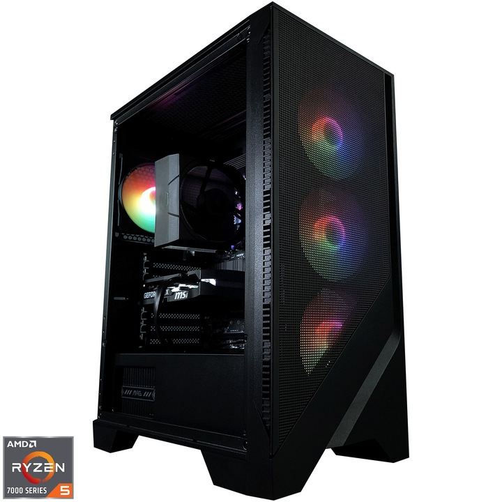 Настолен компютър Gaming A+ cu procesor AMD Ryzen™ 5 7600X pana la 5.3GHz, 32GB DDR5, 1TB SSD, MSI GeForce RTX™ 5060 8GB GDDR7 SHADOW 2X OC, No OS, Черен