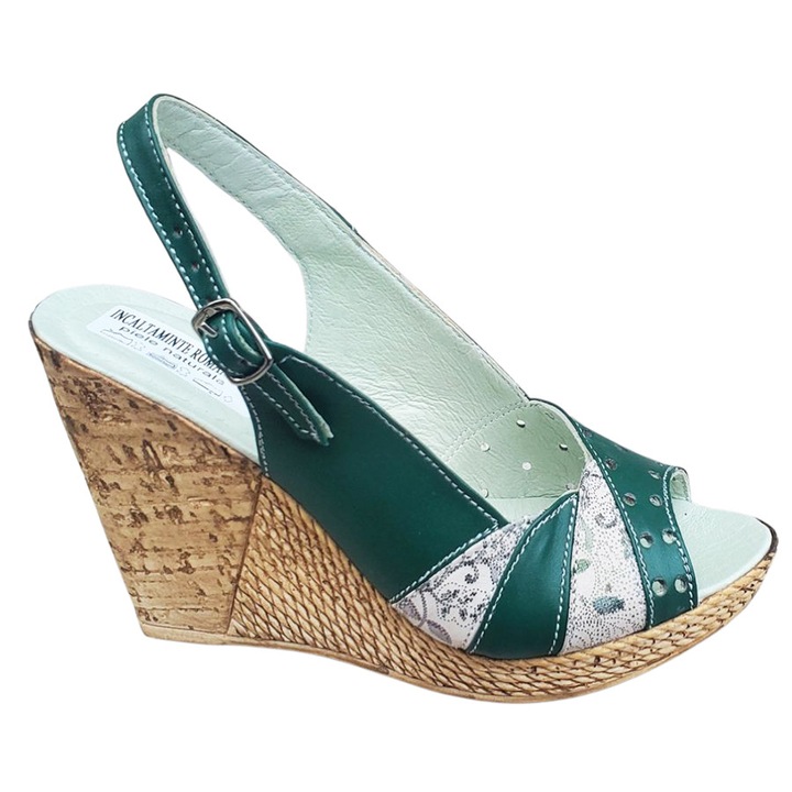 Sandale Dama Verzi Cu Platforma Din Piele Naturala Talpa Inalta De 10cm, Verde