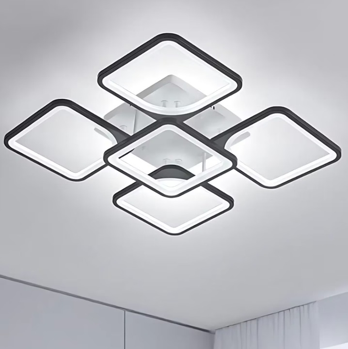 Lustra LED moderna cu 5 surse de lumina, 9000 lumeni, dimabila cu telecomanda, lumina rece-calda-neutra, putere reglabila 65W-130W, design elegant din metal si acril, ideala pentru orice incapere din casa