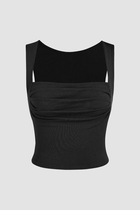 Bluza dama, HiCCUP, cu decolteu patrat si pliuri, negru, poliester