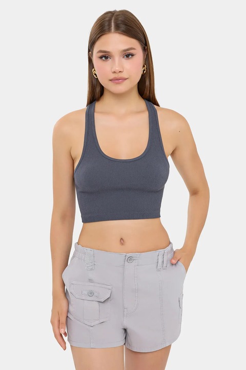 Топ, HiCCUP, къс, деколте тип „халтер“, оребрен, сив, смес от полиамид и еластан