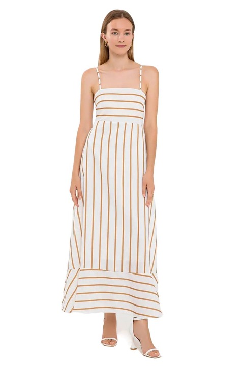 Макси рокля, HiCCUP, На райета, Спагети презрамки, Бяло/Бежово, Полиестер