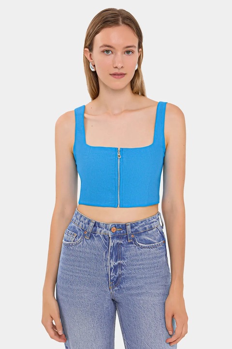Топ, HiCCUP, къс топ без ръкави, квадратно деколте, цип, син, вискоза