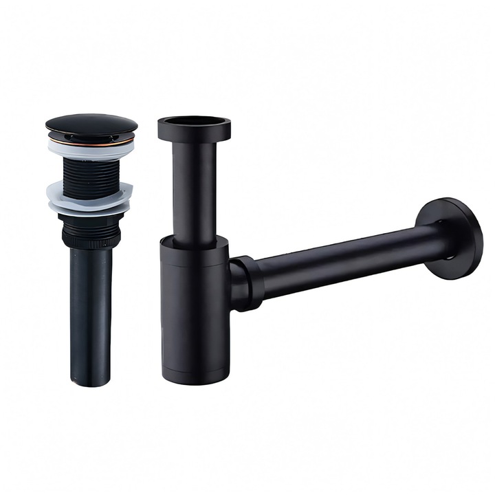 Сифон с клапан, система за отваряне, матово черно, без преливник, силиконово уплътнение, Zaro