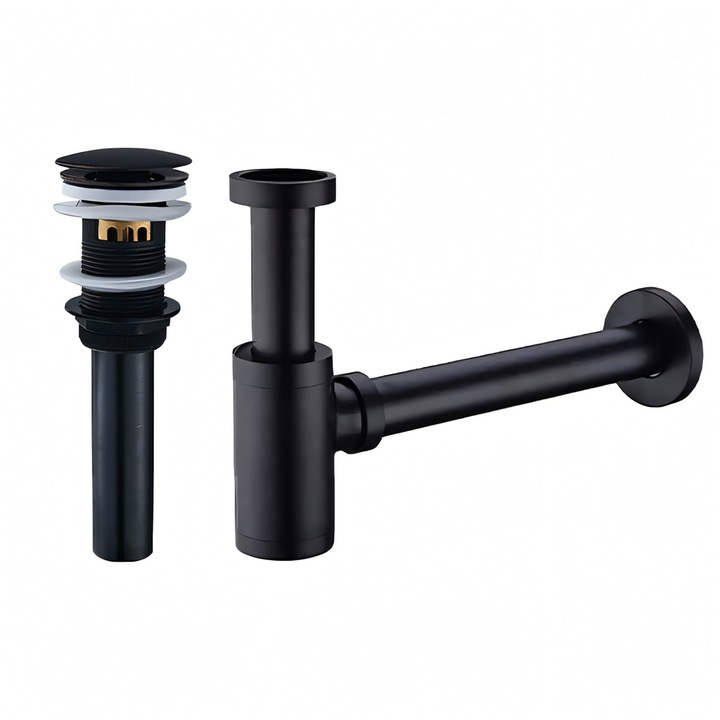 Сифон с клапан, система за отваряне, матово черно, с преливник, силиконово уплътнение, Zaro