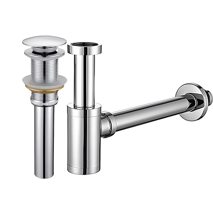 Сифон с клапан, Изскачаща система, Хром, без преливник, силиконово уплътнение, Zaro