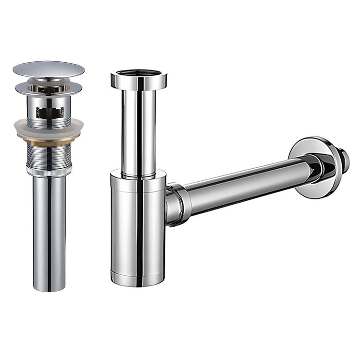 Сифон с клапан Zaro, Изскачаща система, Хром, с преливник, силиконово уплътнение