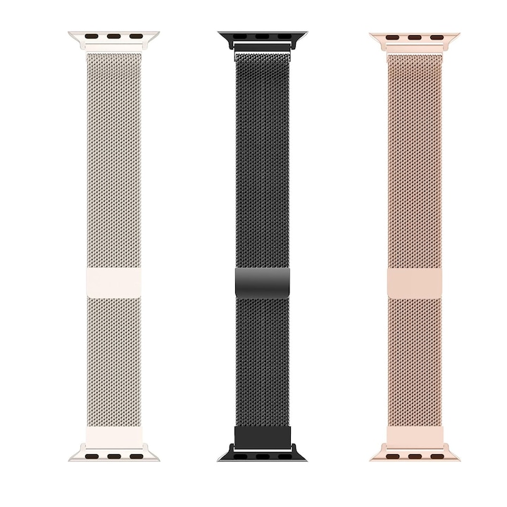 Set 3 Curea Milanese Metalica, Zggzerg, Ajustabila, Respirabil, Usor de instalat, Nu este usor de spart sau deformat, Potrivit pentru apple watch seria completa, Otel inoxidabil, 38/40/41mm, Starlight/Negru/Auriu rose