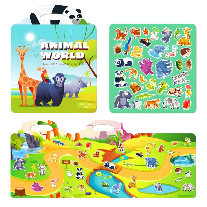 Carte educativa cu autocolante pentru copii, invatarea cuvintelor, reutilizabila, carte interactiva, Lumea Animalelor