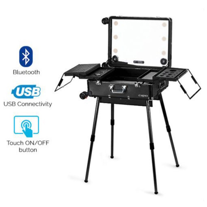 Statie profesionala de make-up Cupio PRO, portabila, cu iluminare reglabila, neagra, 70x50x24cm