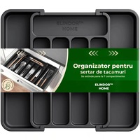 Organizator Negru Elindor® pentru Tacamuri si Ustensile de Bucatarie, 7 Compartimente, Sertar Extensibil 22-38 cm, Suport Ajustabil pentru Cutite, Linguri, Furculite, Accesorii Bucatarie, Separator Sertar, PP
