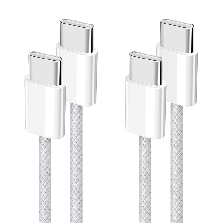 Set 2 Cablu USB-C la USB-C, Cu incarcare rapida, PD3.0 60W, compatibil cu iPhone 16 15, Samsung Galaxy S24 S23, Pixel, iPad MacBook, TOIITKQ, Plastic + Metal, Alb