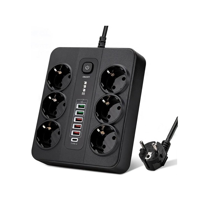 3000W удължителен контакт, адаптер за бързо зареждане, 10A, 5 USB (4.2A) + 1 Type C гнездо, 3M удължителен кабел, EU щепсел (черен), TOIITKQ, пластмаса + метал