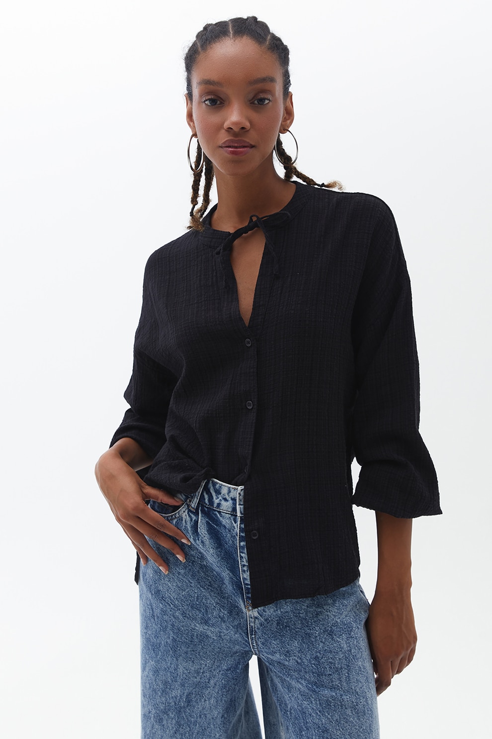 OXXO, Camasa texturata cu snururi, Negru, XS