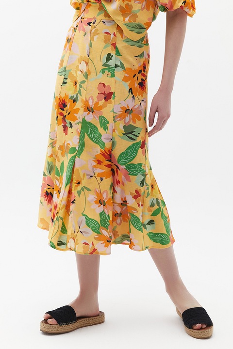 OXXO, Fusta cu model floral si croiala pe bie, Verde/Portocaliu/Galben pai