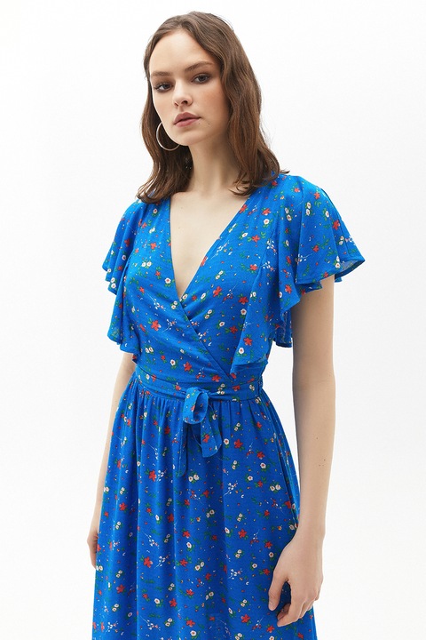 OXXO, Rochie cu model floral si terminatie asimetrica, Rosu/Verde/Albastru royal