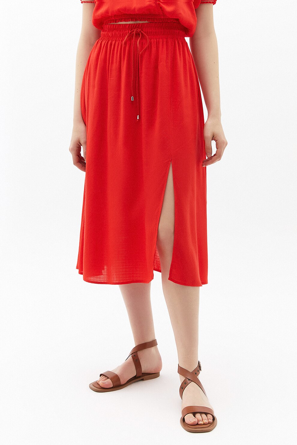 OXXO, Fusta midi dreapta cu slit frontal, Rosu vermillion, XS