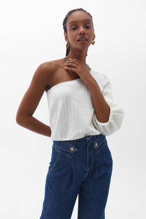 OXXO, Bluza din amestec de bumbac cu decolteu pe un umar, Alb