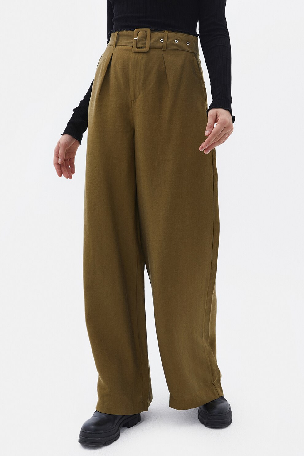 OXXO, Pantaloni din amestec de lyocell cu croiala ampla, Verde masliniu, 2XS