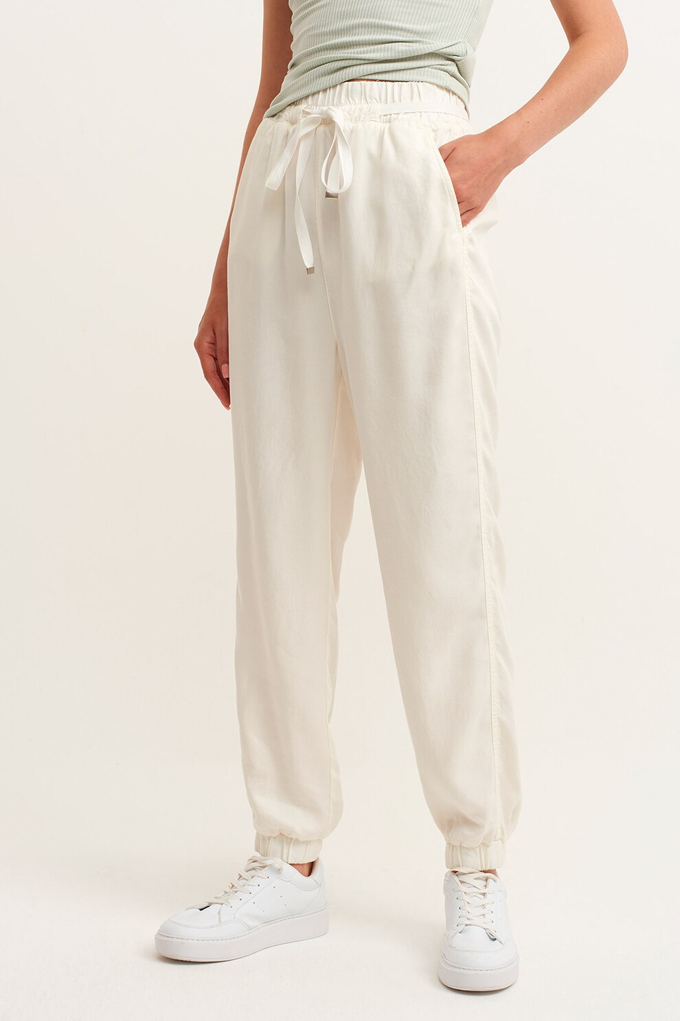 OXXO, Pantaloni de trening cu talie inalta, Alb fildes, M