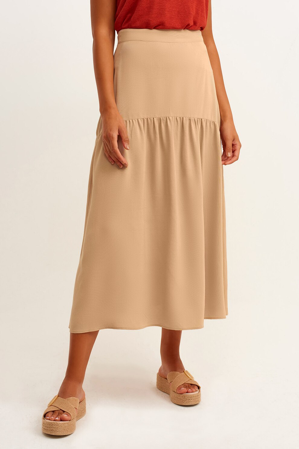 OXXO, Fusta midi uni, Maro nisip, XS