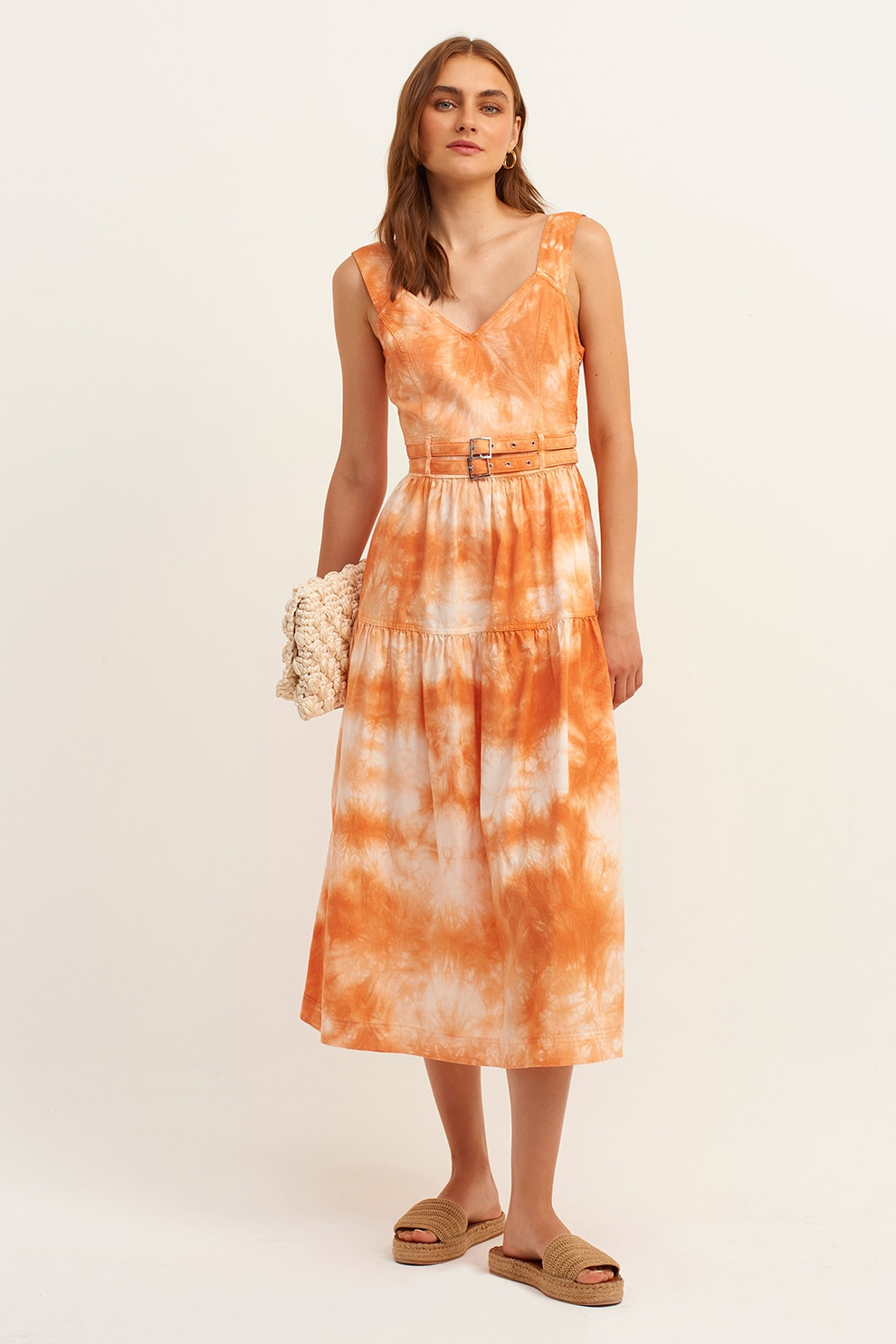 OXXO, Rochie evazata cu model tie-dye, Portocaliu persan, Alb murdar, XS