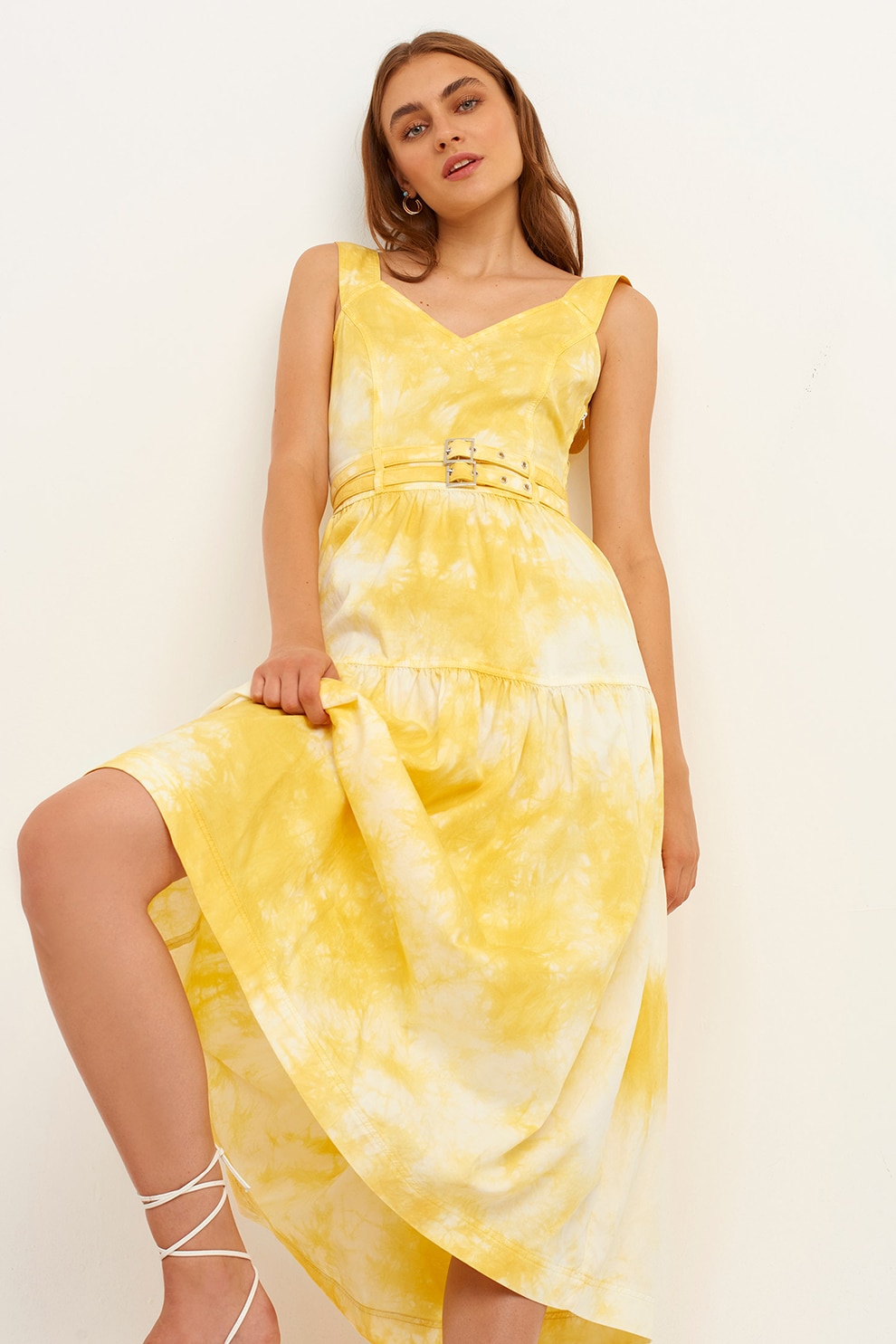 OXXO, Rochie evazata cu model tie-dye, Alb, Galben, XS
