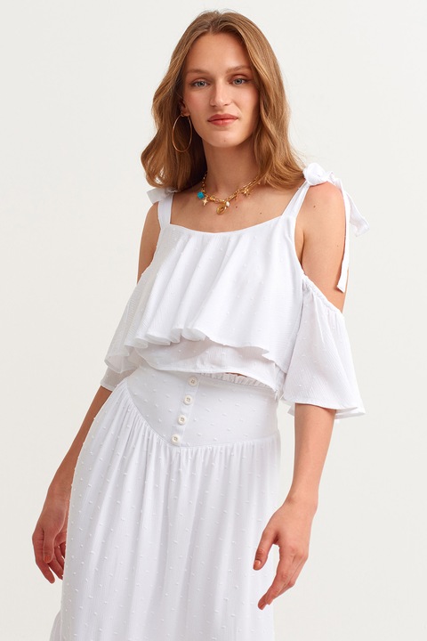 OXXO, Bluza crop cu decupaje pe umar, Alb