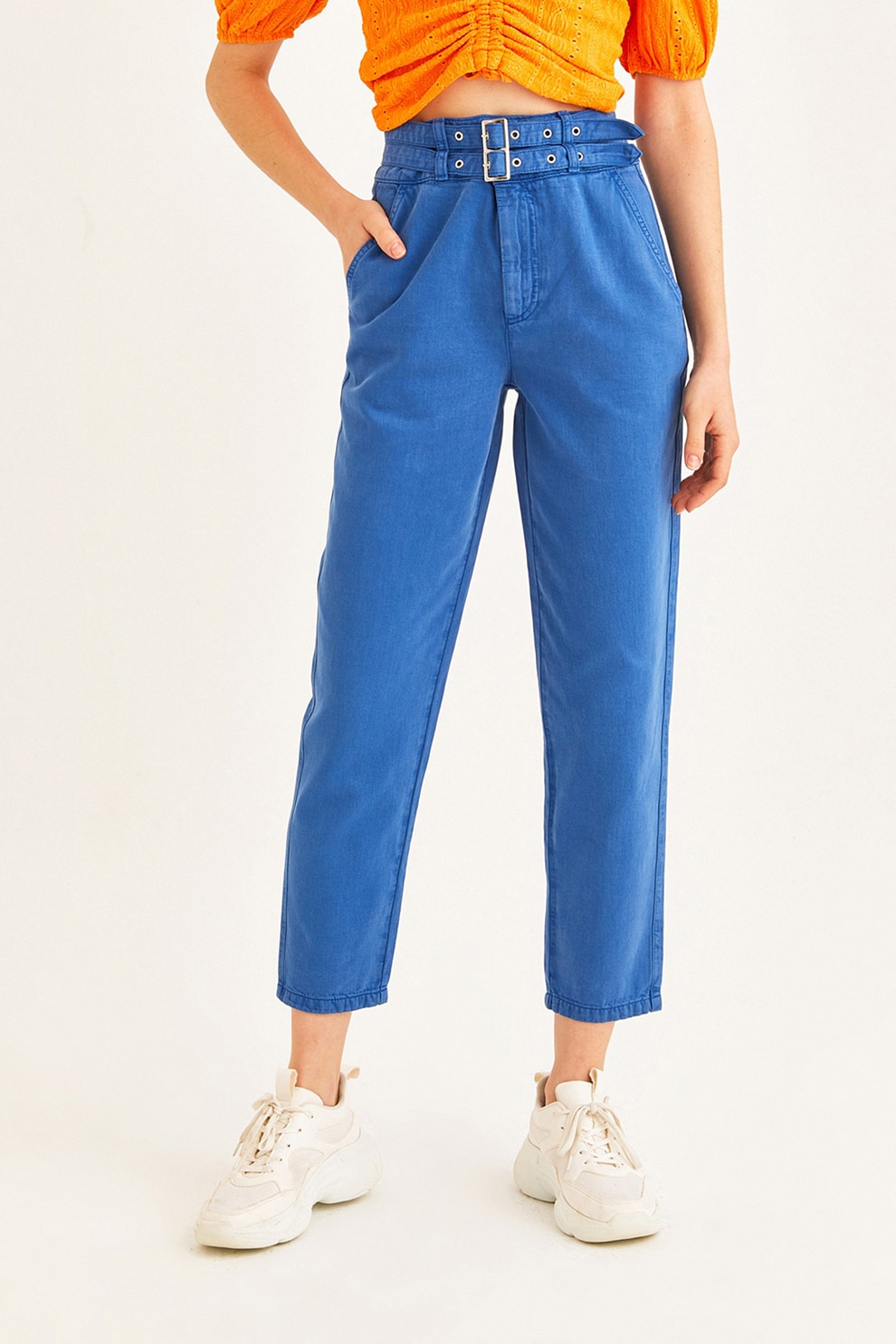 OXXO, Pantaloni uni cu talie inalta, Albastru, S