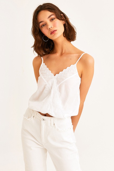 OXXO, Top de bumbac cu broderie Sangallo, Alb optic