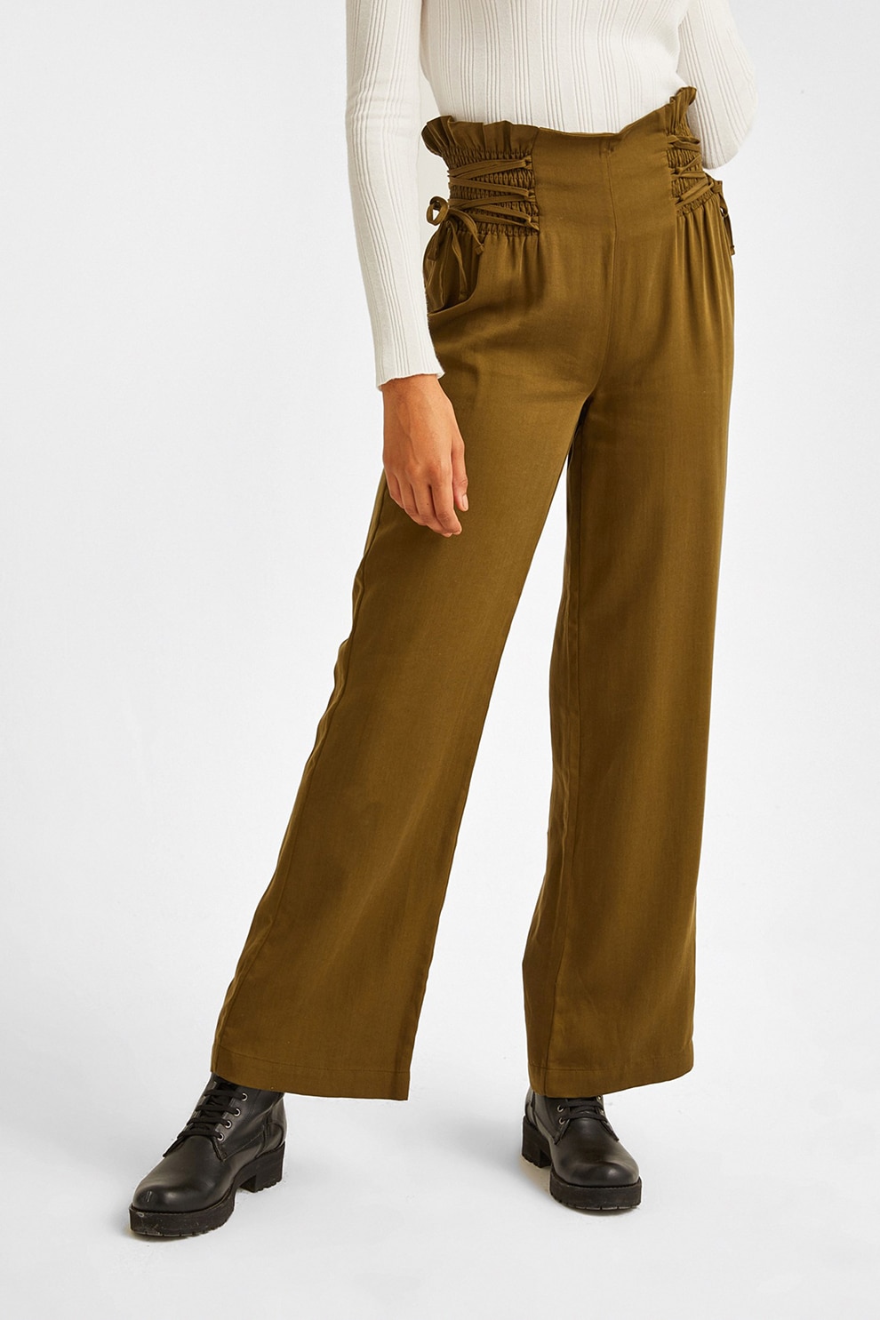 OXXO, Pantaloni din lyocell cu talie inalta, Maro fango, M