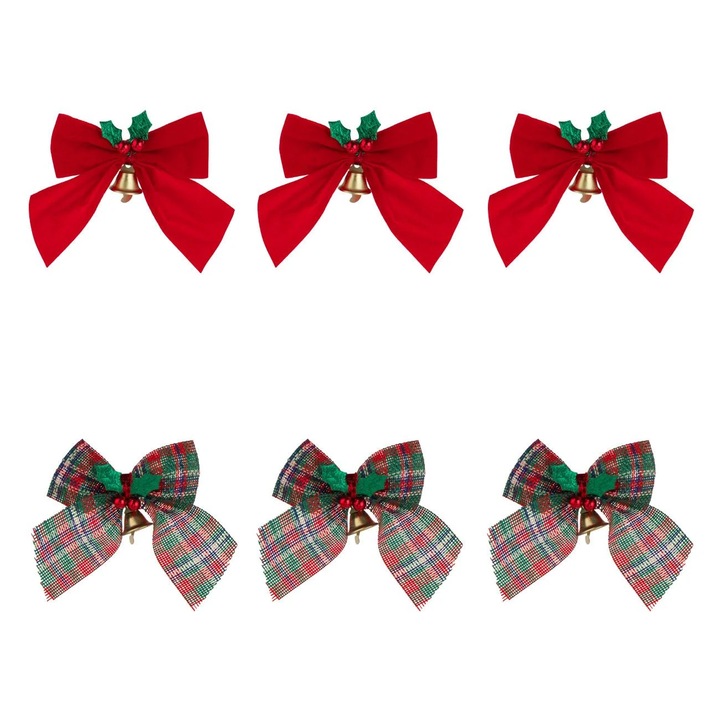 Set Fundite Decorative de Craciun Catifelate Rosii Verzi in Carouri cu Vasc 9x9cm - 6buc