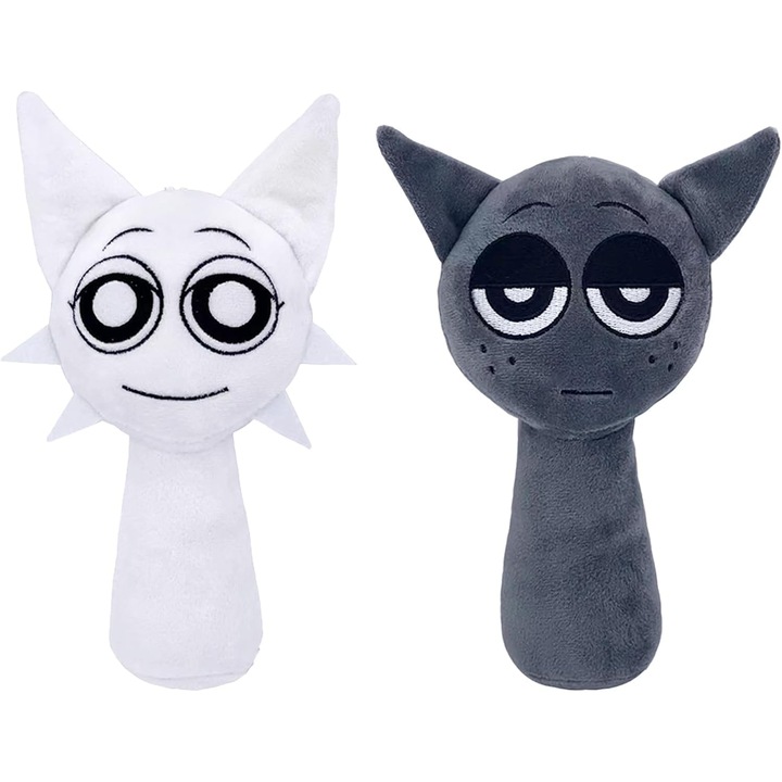 Set 2 jucarii de plus Sprunki misterybox, Cadouri de Craciun si ziua de nastere pentru adulti si copii (2 bucati), Materiale hipoalergenice, Sundiguer, bumbac, Alb+Gri